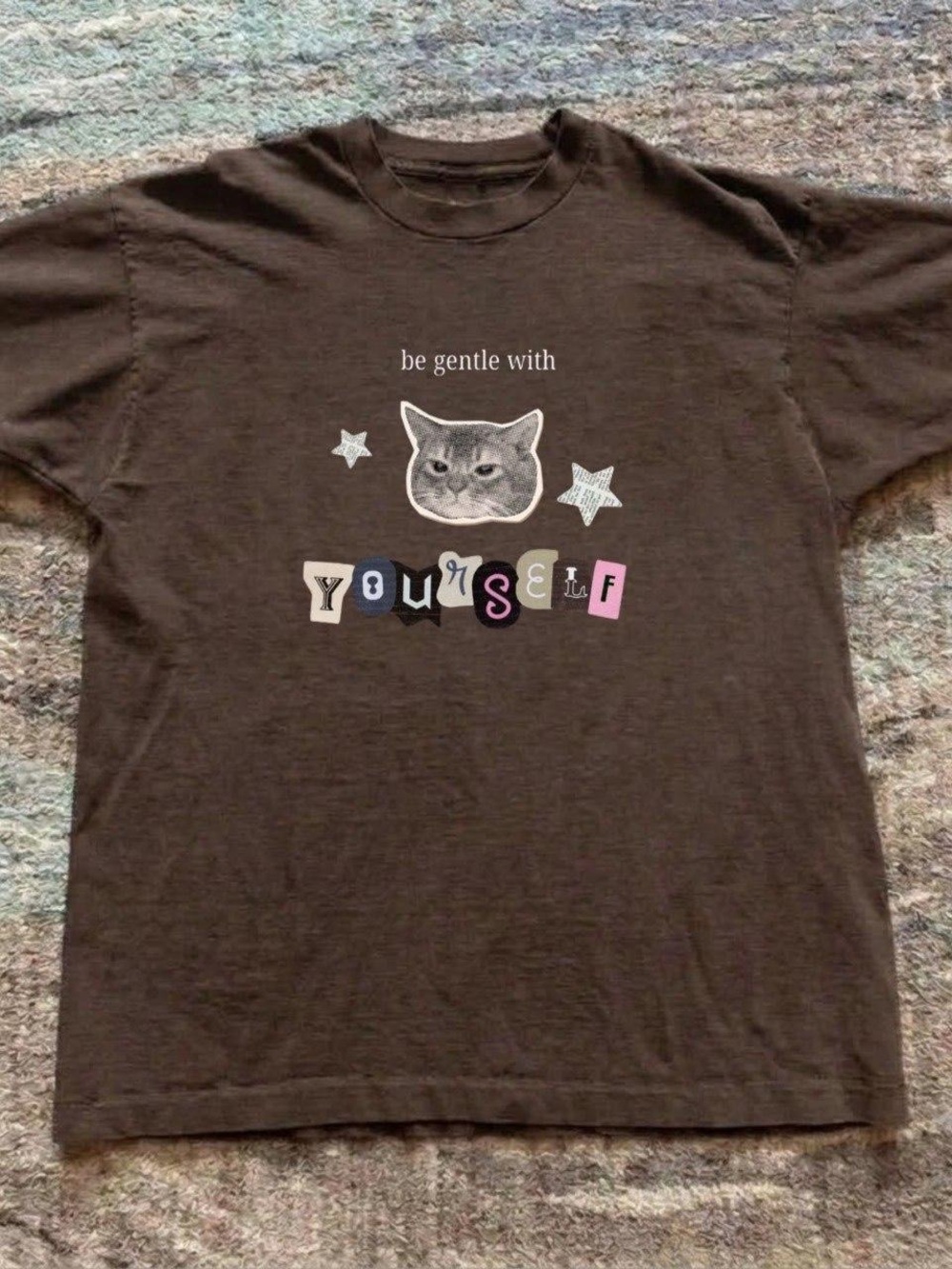 Gildan Brown Cat Graphic Tee with Multi-Color Letter Accents